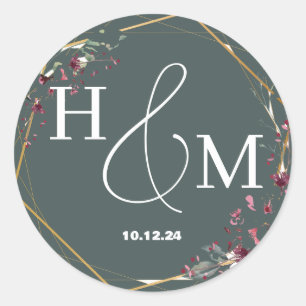 Sticker Rond Floral Gold Elegant Moderne Monogramme Mariage
