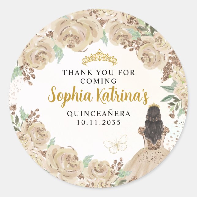 Sticker Rond Floral Gold Princess Quinceanera Anniversaire Favo (Devant)