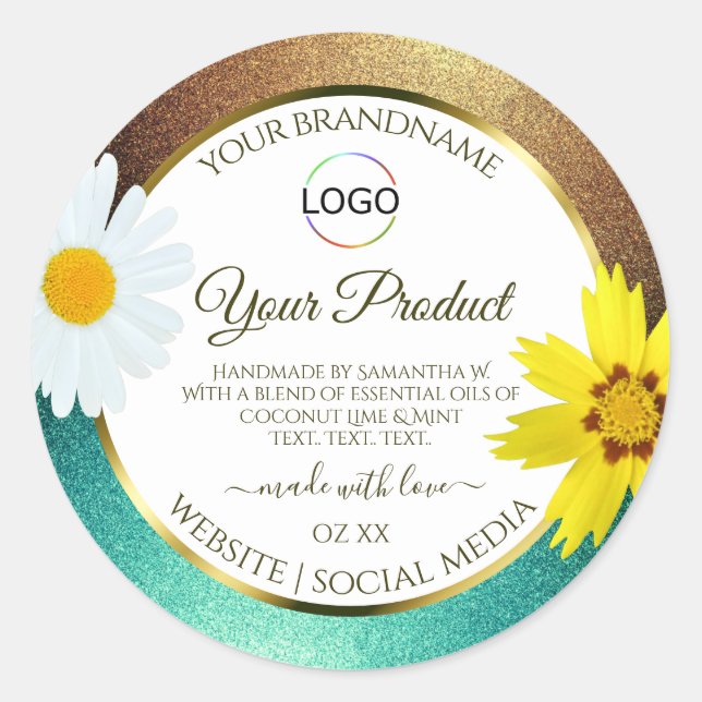 Sticker Rond Floral Gold Turquoise Parties scintillant Blanc Pr (Devant)