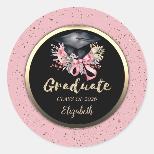 Sticker Rond Floral Grad Cap Pink Bow Confetti   (Devant)