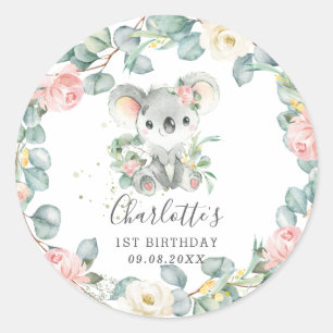 Sticker Rond Floral Greenery Koala Girl Douche Anniversaire Fav
