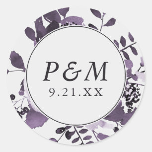 Sticker Rond Floral gris et violet Enregistrer la date ou le Ma