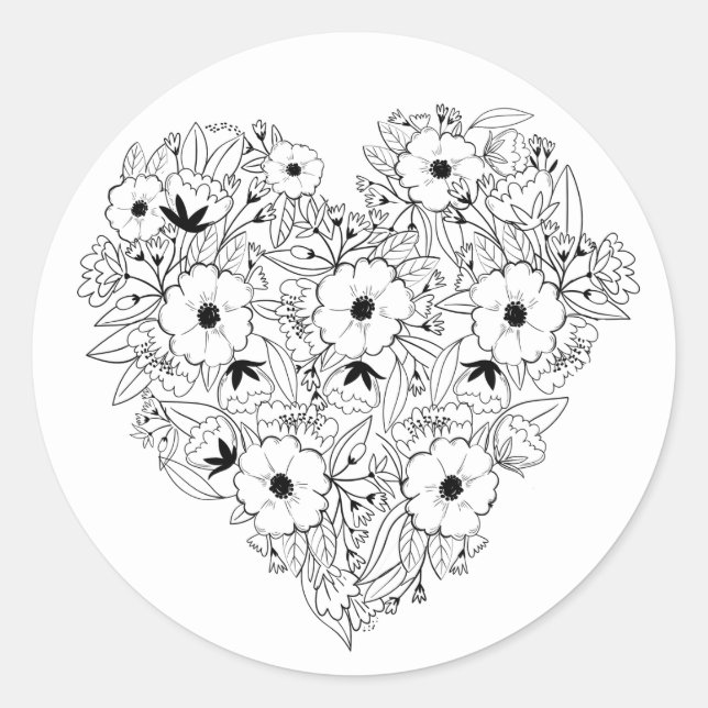 Sticker Rond Floral Heart Anemones Black White Flowers Mariage (Devant)