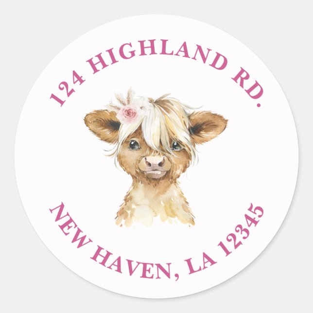 Sticker Rond Floral Highland Cow Adresse (Devant)