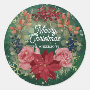 Sticker Rond Floral hiver aquarelle couronne poinsettia roses