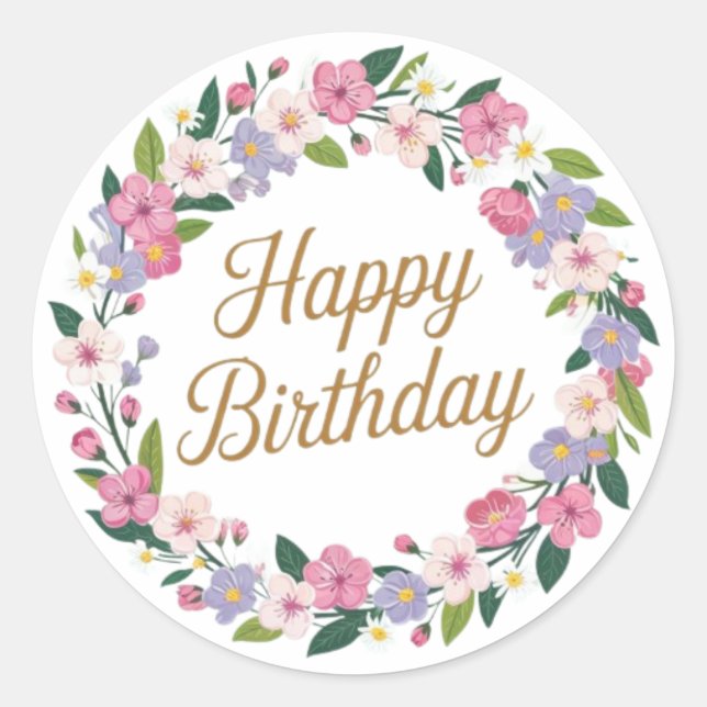 Sticker Rond Floral Joyeux Anniversaire Wreath Salutation perso (Devant)