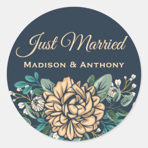 Sticker Rond Floral Just Married Fleur de Pivoine Pêche Bleu Ma
