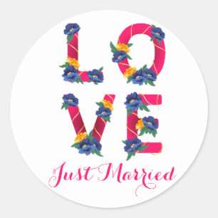 Sticker Rond Floral Juste Marié Rose Love Flowers Mariage