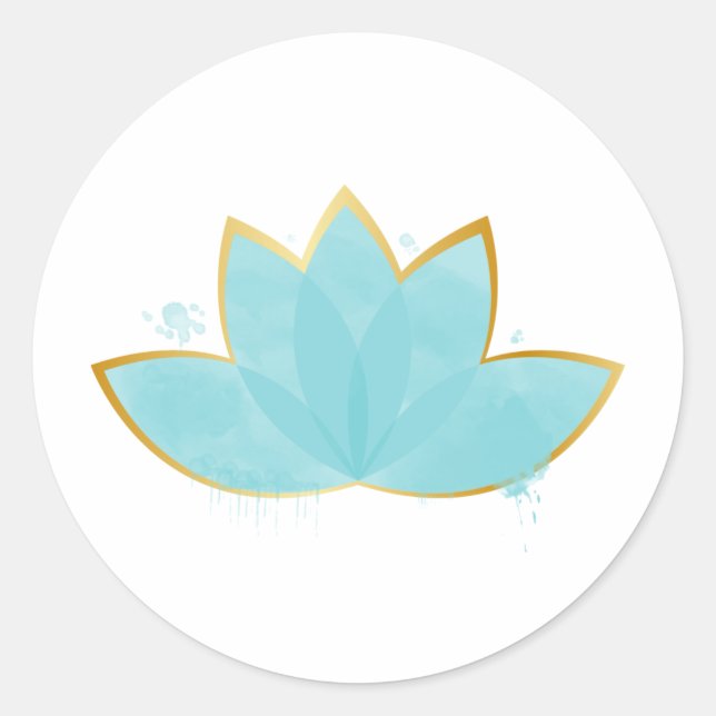 Sticker Rond Floral Lotus Aquarelle Mer Bleu & Faux Or (Devant)