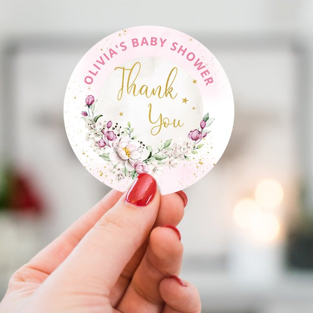 Sticker Rond Floral Lune Baby shower rose Merci (Créateur téléchargé)