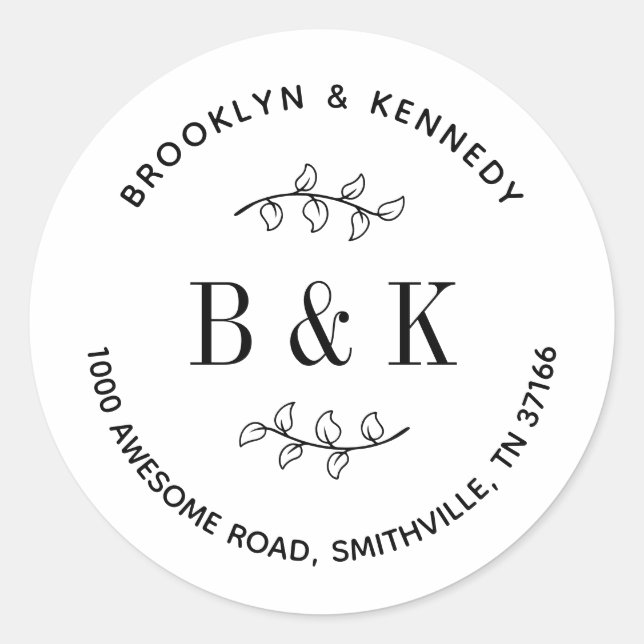 Sticker Rond Floral Mariage Monogram Couple Nom Adresse de reto (Devant)