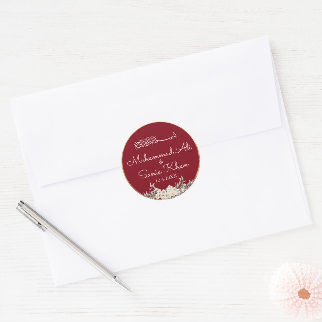 Sticker Rond Floral Maroon et Gold Mariage musulman islamique (Enveloppe)