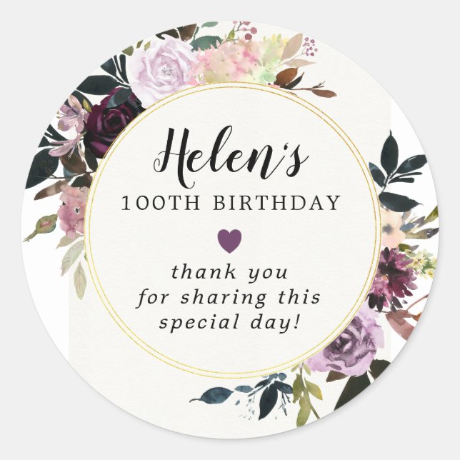 Sticker Rond Floral mauve rose 100e Merci d'anniversaire (Devant)