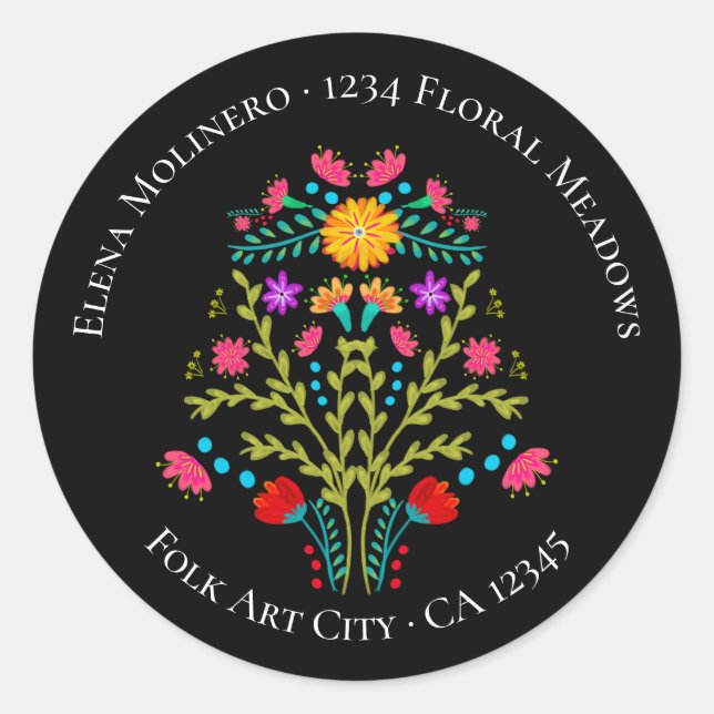 Sticker Rond Floral Mexicain Fleurs Fiesta Adresse noire (Devant)