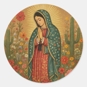 Sticker Rond Floral Mexicaine Mary Guadalupe Religieux