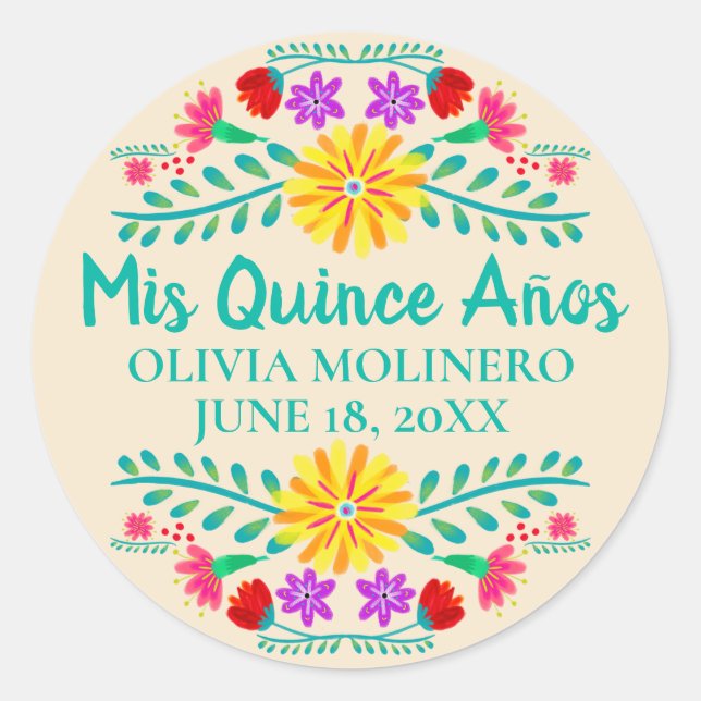 Sticker Rond Floral Mis Quince Anos Champagne Mexicaine Fiesta (Devant)