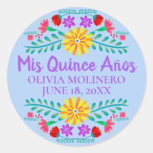 Sticker Rond Floral Mis Quince Anos Light Blue Mexican Fiesta