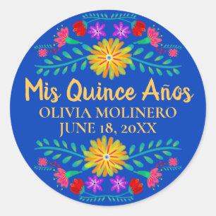 Sticker Rond Floral Mis Quince Anos Royal Blue Mexican Fiesta