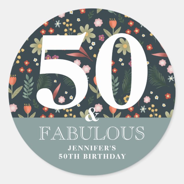 Sticker Rond Floral moderne 50 et Fabuleux anniversaire (Devant)