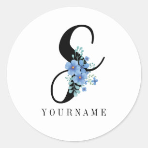 Sticker Rond Floral Monogramme S Fleur bleue