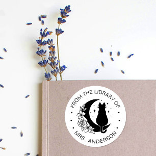 Sticker Rond Floral Moon Chat Bibliothèque de livre enseignant