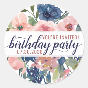 Sticker Rond Floral Navy Blue Blush Pink Vous êtes invité Anniv