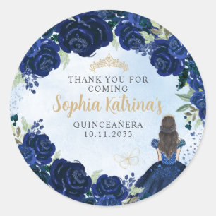 Sticker Rond Floral Navy Blue Gold Quinceanera Anniversaire Fav