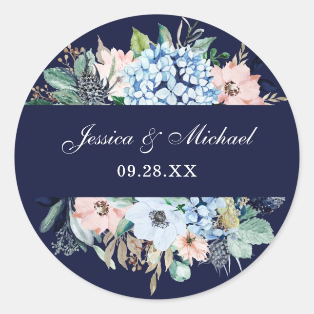 Sticker Rond Floral Navy Blue Hydrangea Mariage d'aquarelle (Devant)