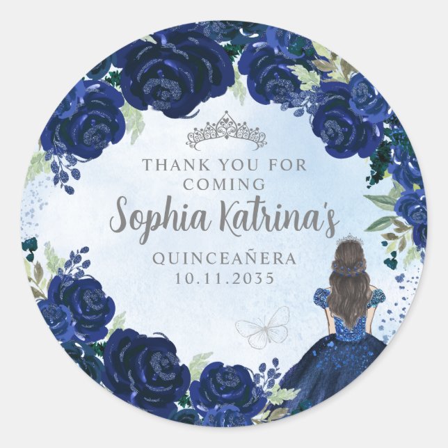 Sticker Rond Floral Navy Blue Silver Quinceanera Anniversaire F (Devant)