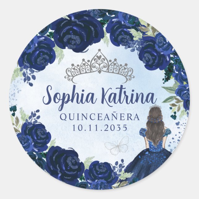 Sticker Rond Floral Navy Blue Silver Quinceanera Anniversaire F (Devant)