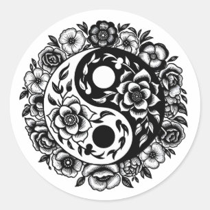 Sticker Rond Floral noir et blanc Yin Yang