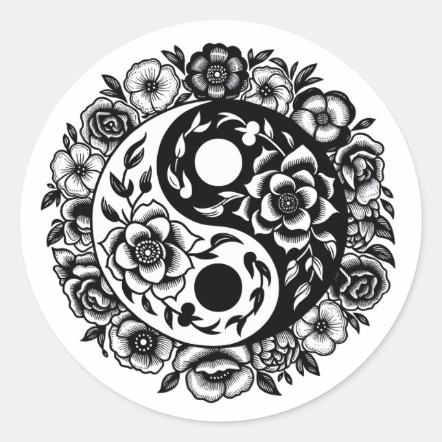 Sticker Rond Floral noir et blanc Yin Yang (Devant)