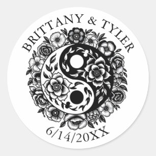 Sticker Rond Floral noir et blanc Yin Yang