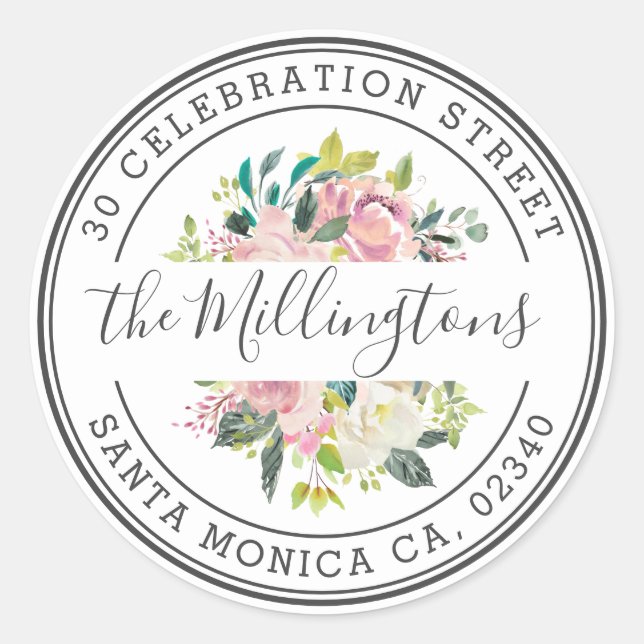 Sticker Rond Floral Nom de famille Retour Adresse Enveloppe Sce (Devant)