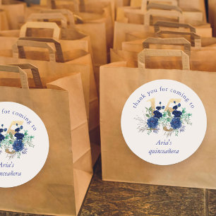Sticker Rond Floral Numéro 15 Ivory Royal Blue Gold Quinceanera