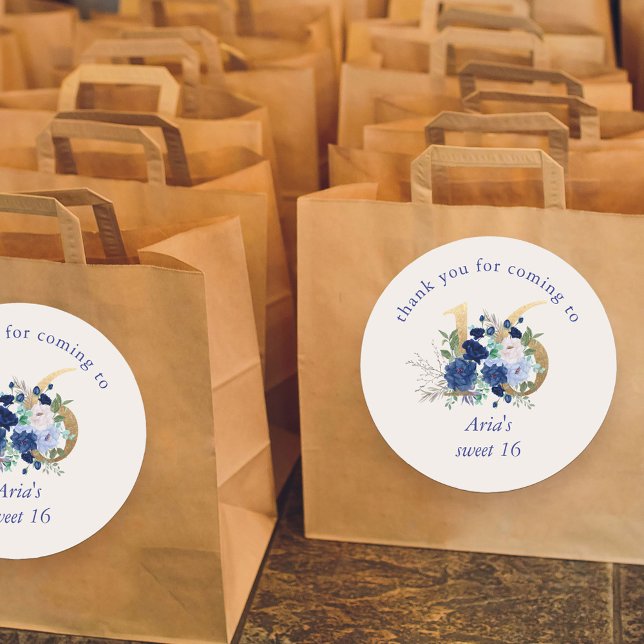 Sticker Rond Floral Numéro 16 Ivory Royal Blue Gold Sweet 16 (Sweet 16 favor stickers  with royal blue and ivory roses from my Royal Rose collection)