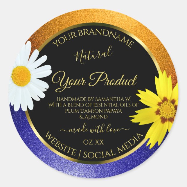 Sticker Rond Floral Orange Blue Parties scintillant Noir Étique (Devant)