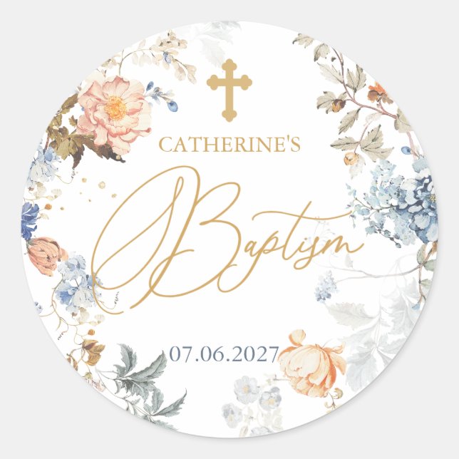 Sticker Rond Floral Pale Peach Blush Croix Bleue Baptême (Devant)