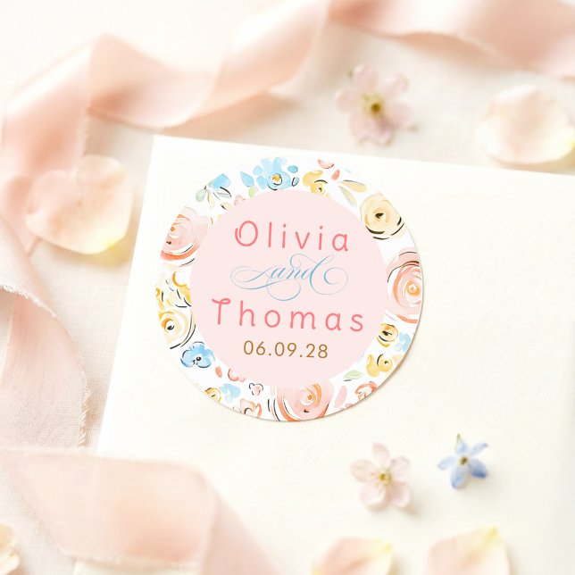 Sticker Rond Floral Pastel Whimsical Elegant Wedding (Whimsical Wedding Seal)