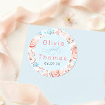 Sticker Rond Floral Pastel Whimsical Elegant Wedding<br><div class="desc">Floral whimsical elegant dusty blue and pink wedding seals</div>