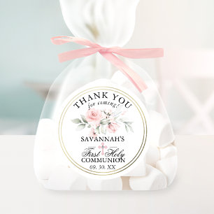 Sticker Rond Floral Pink First Holy Communion Thank You Classic