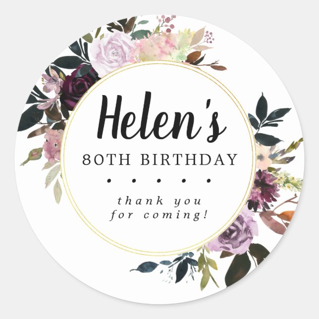 Sticker Rond Floral pourpre et rose 80e anniversaire Merci (Devant)