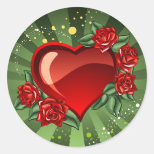 Sticker Rond Floral Red Hearts & Rose Green Stripes Mariage