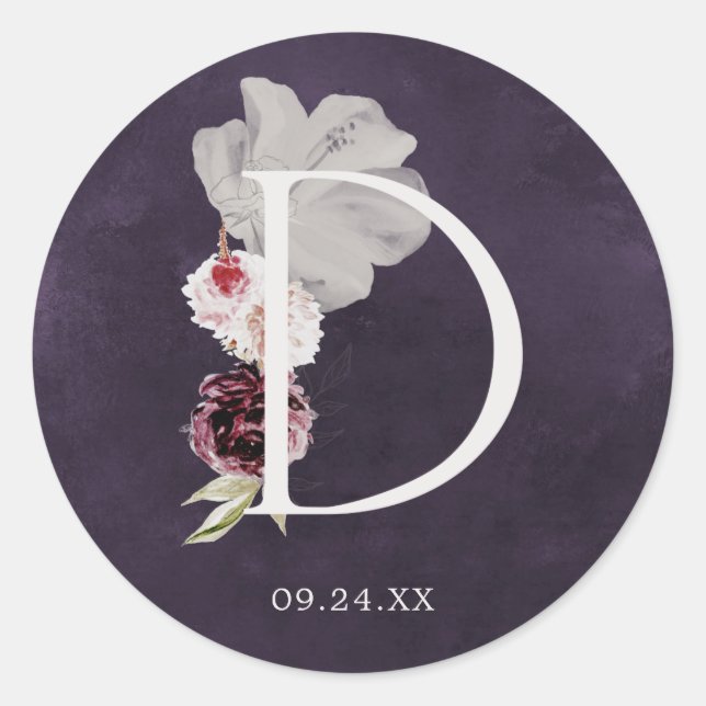 Sticker Rond Floral Romance Lettre D Monogramme Plum Sceau Mari (Devant)