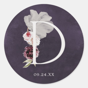 Sticker Rond Floral Romance Lettre D Monogramme Plum Sceau Mari