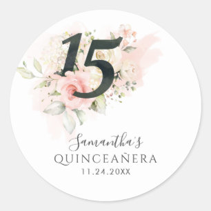 Sticker Rond Floral rose 15e anniversaire Quinceanera verdure