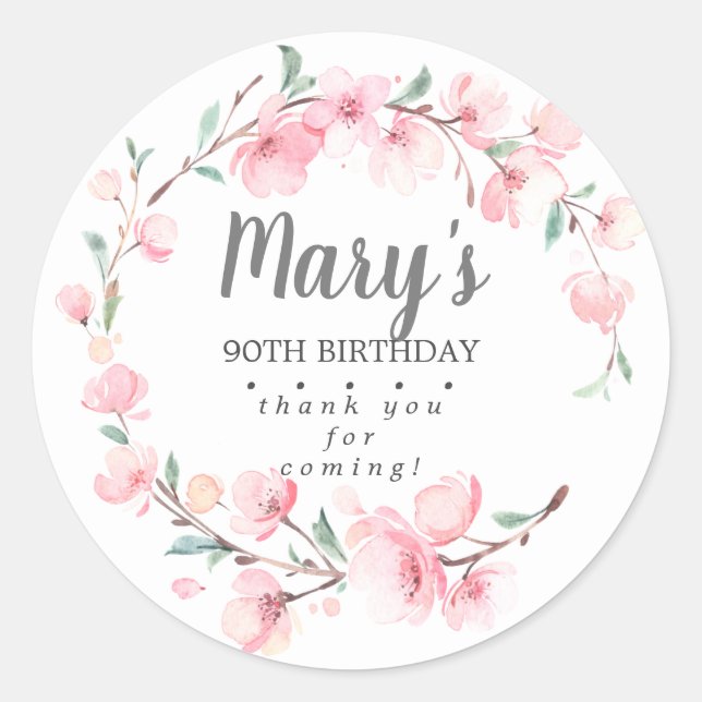 Sticker Rond Floral rose 90e anniversaire Merci (Devant)