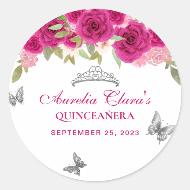 Sticker Rond Floral rose Argent Tiara Papillon Quinceañera (Devant)