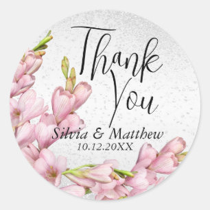 Sticker Rond Floral rose et Parties scintillant blanche - Merci