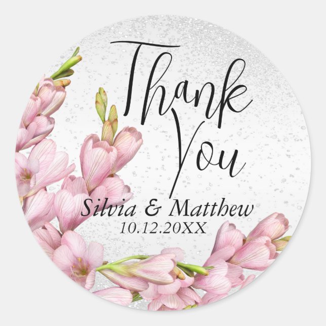 Sticker Rond Floral rose et Parties scintillant blanche - Merci (Devant)